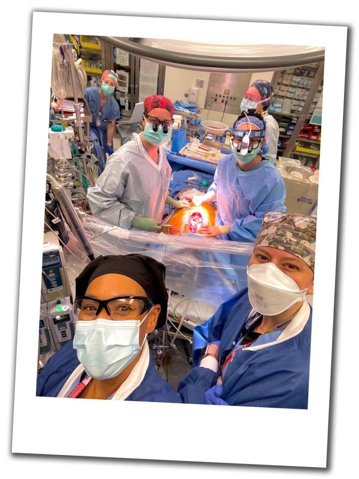 A selfie of UCSF's first all female heart transplant surgery, where a team of all-women surgeons and medical professionals perform surgery.