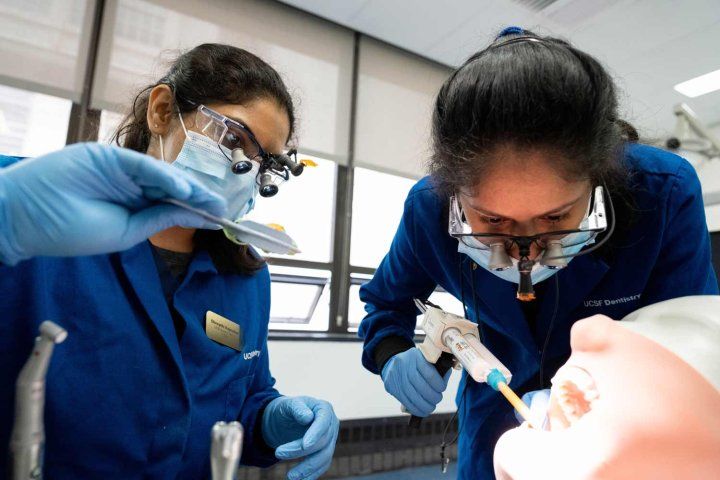 Dental students practice making a dental impression on a dummy in a simulation lab.