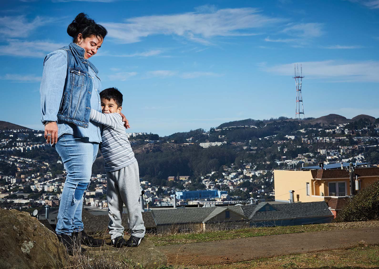 Fabiola Gudiel snuggles with her son, Steven Mendoza, in the Excelsior neighborhood of San Francisco.