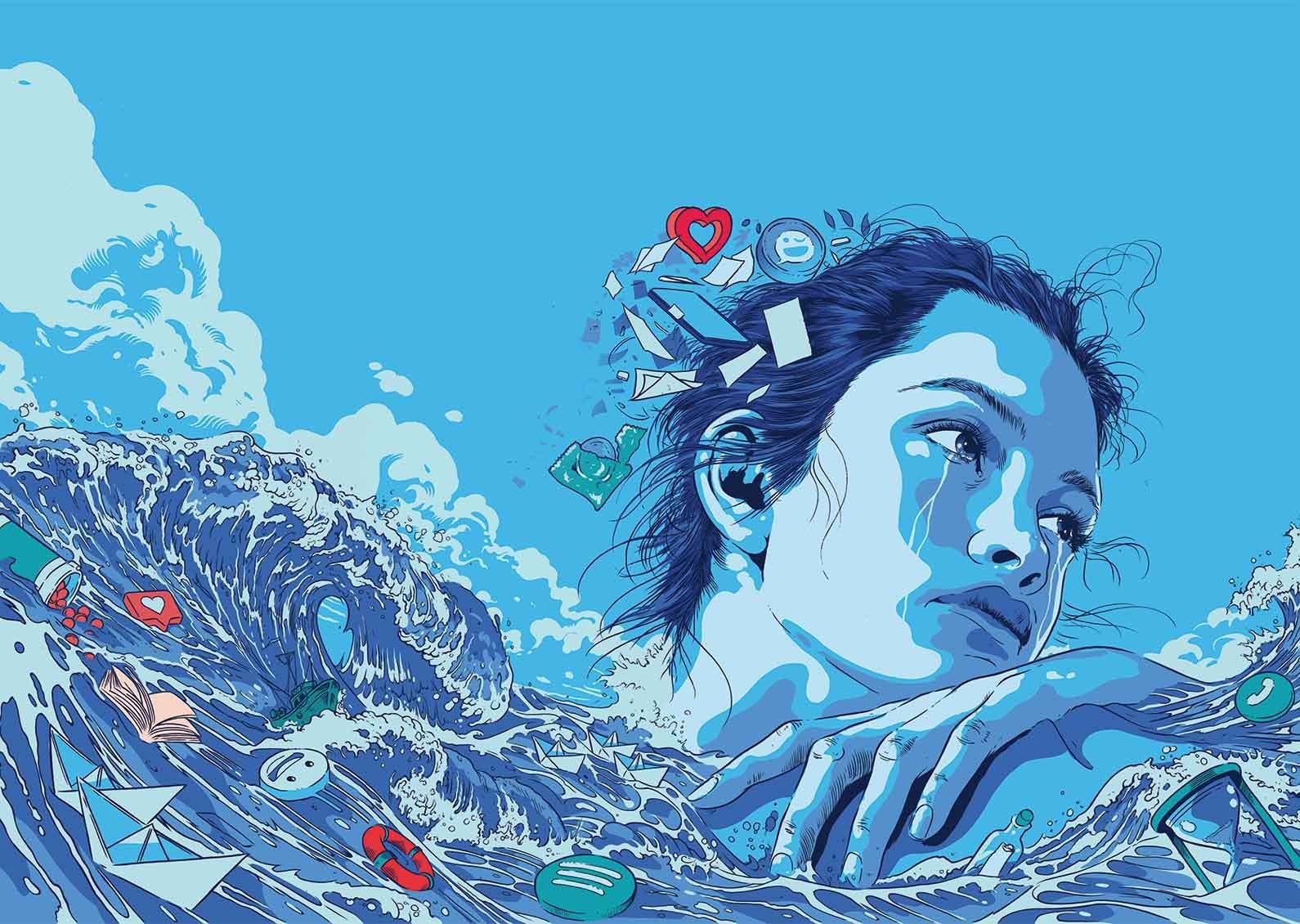 Illustration of a teenage girl in an ocean; thoughts come out of her head of papers, a heart, a cell phone, a happy face emoji, a condom and in the sea floats pills, a book, a ship, paper boats, emojis, and "like" icons.