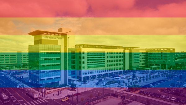UCSF Mission Bay Medical Center photo with rainbow flag superimposed over it