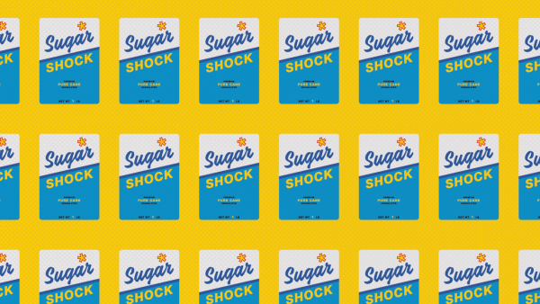 Illustration of a repeating pattern of boxes that read “Sugar Shock.”