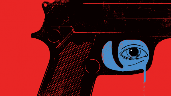 Illustration of part of a gun shown in black over a red background; inside the trigger area is an eye on a blue background; the blue drips from the gun.
