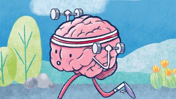 Cartoon of an anthropomorphic brain running and lifting weights. 