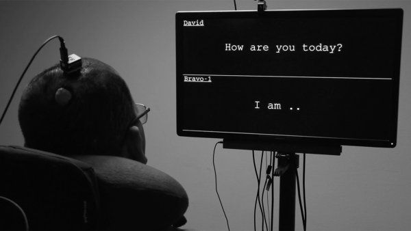 Man using neural prosthesis to translate his thoughts into words on a screen when prompted