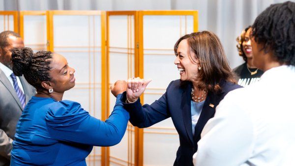 Vice President Kamala Harris (right) meets with patient Hope Williams (left) who is expecting her fourth child.
