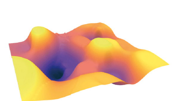 A graphic rendering of a brain’s landscape that measures connections between areas of the brain that affect thought patterns. In this rendering of a brain with depression, high peaks are in yellow, with deeper spaces in purple.