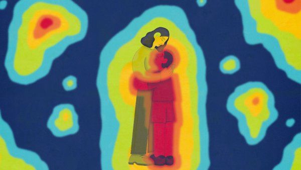 Illustration of a mother hugging a child in a colorful heat map.