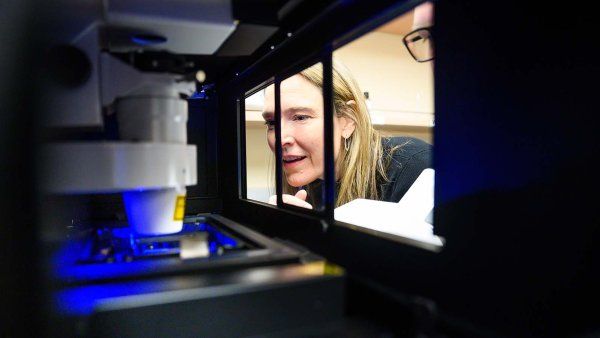 Leanne Jones peers into a chamber with a high tech microscope