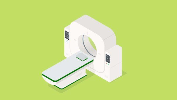 A graphic illustration of an MRI machine. The background of the illustration is green.