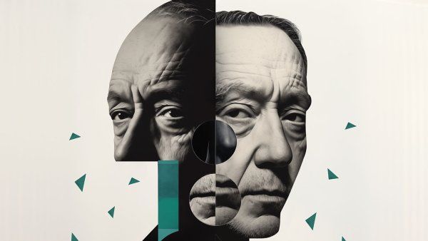 Photo realistic collage illustration of an older man, fractured with cut out shapes and half a face of an older version of himself.
