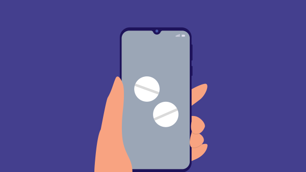 An illustration of a hand holding a phone that shows two pills, demonstrating safe telemedicine practices such as digital prescriptions.
