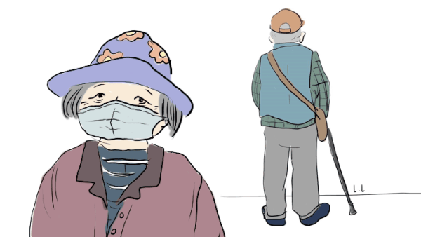 Color illustrations of an elderly Asian woman and man by Lingsheng Li.