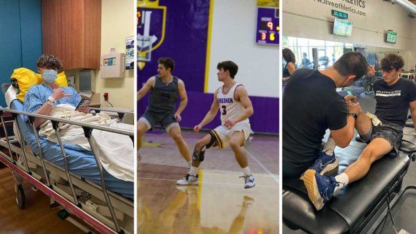 A collage of three photos of Joseph Papa. In the first, he does a thumbs up as he sits in a hospital bed. In the second, he is playing basketball. In the third, he receives physical therapy on his knee.