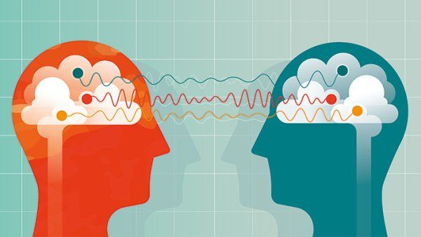 Illustration showing two heads with a brain connected with a different brain waves.