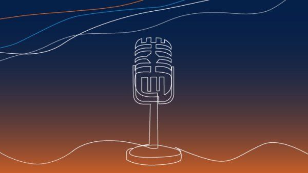 Line illustration of a podcast microphone on a blue and orange background with wavy lines.
