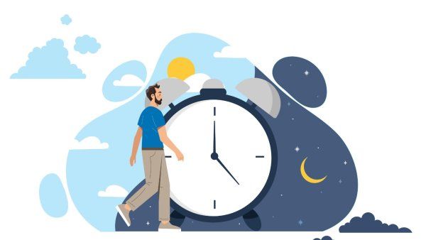 Daytime turns into night time and man walks across a clock in an illustration.