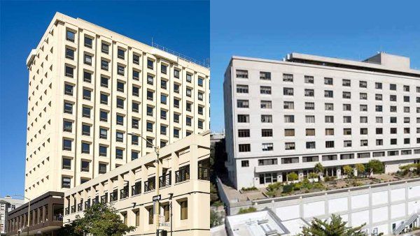 A composite photograph showing the exterior of St. Francis hospital and St. Mary's hospital in San Francisco.