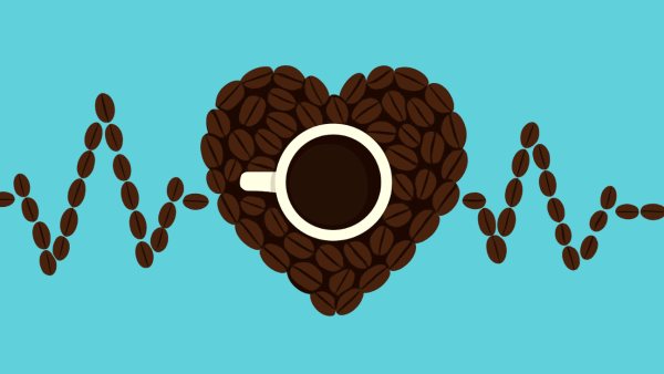 A conceptual illustration showing a heart and a heartbeat both made up of coffee beans, with a cup of coffee in the center.