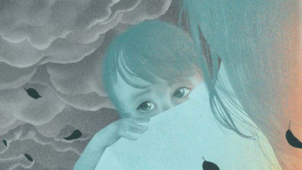 Illustration of a child peering over a caregiver's shoulder with dark storm clouds in the background. Leaves flow past the pair, leading to light on the right side.