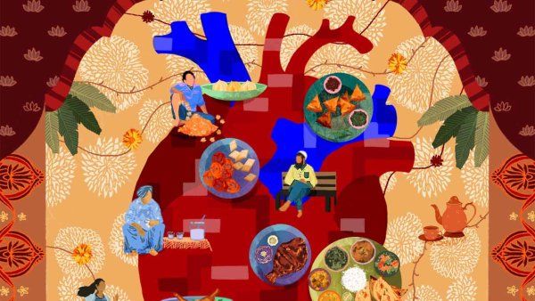 Illustration with South Asian motifs and patterns; an anatomical heart outline sits in the center with South Asian foods and people overlaid; figures include a woman running, a man sitting with spices, a older woman in traditional clothing with jars, and a man on a bench.