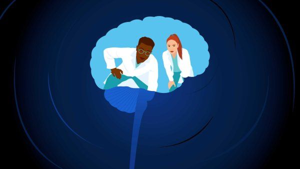 A graphic illustration represent neurodegenerative disease, where two doctors look inside a brain.
