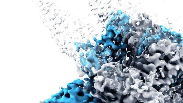 A 3D molecular rendering of a TRPM8 protein, shown as a complex, bumpy mass in shades of light blue and grey against a solid white background. In the upper-left corner, the structure appears to be breaking apart or dispersing into small, scattered fragments.