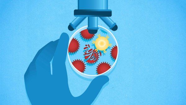 An illustration of a gloved hand holding a petri dish under a microscope, where a glowing yellow immune cell targets several red, spiky cancer cells.