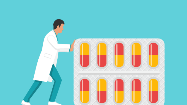 A conceptual graphic illustration showing a physicain pushing a packet of pills.