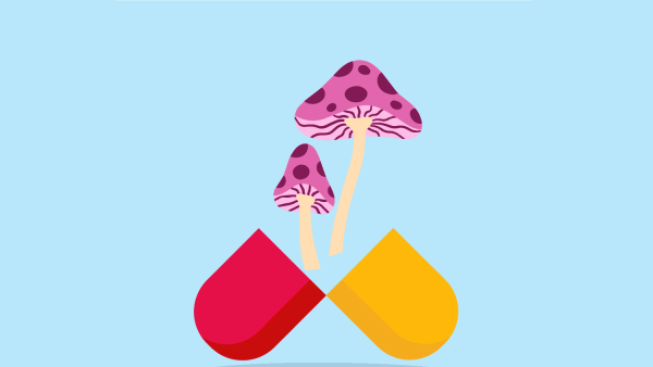 An illustration of two pink mushrooms with purple spots growing out of an open red and yellow medicinal capsule against a light blue background, representing using psychedelics as antidepressants.
