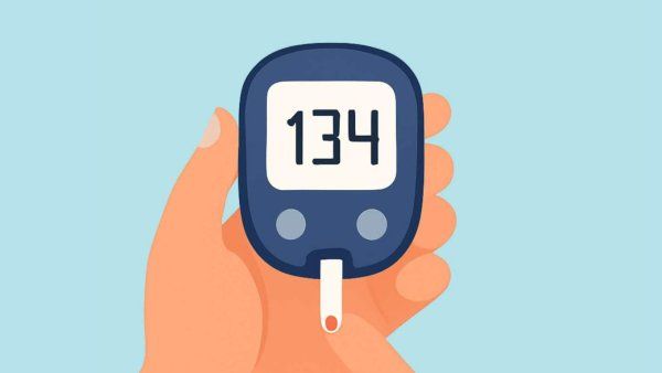Close-up illustration of a glucose monitor showing a stable blood sugar reading.