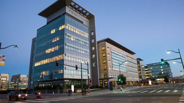 Mission Bay medical center at dusk.