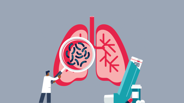 A graphic illustration depciting a doctor examining a pair of lungs with a magnifiying glass. Next to the lungs are an inhaller and medication in the form of pills, signifying treatment for asthma or C O P D.