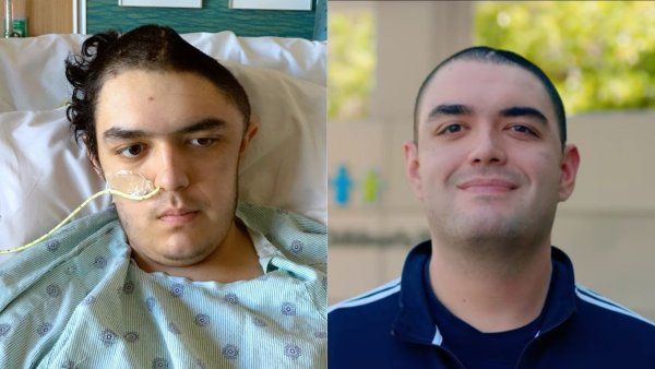 A side by side image showing stroke patient Andrew Santos when he was hospitaliezed at age seventeen, and him in the present day fully recovered.