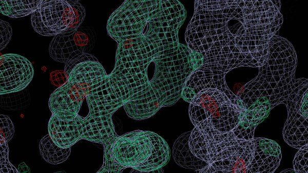 3D computer rendering of interconnected molecular structures shown as wireframe meshes.