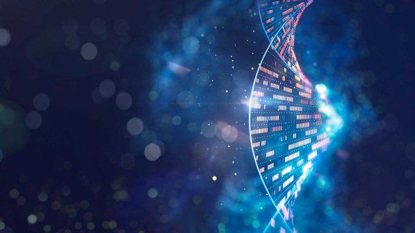 Illustration of a glowing DNA double helix with highlighted genetic markers on a dark blue background.