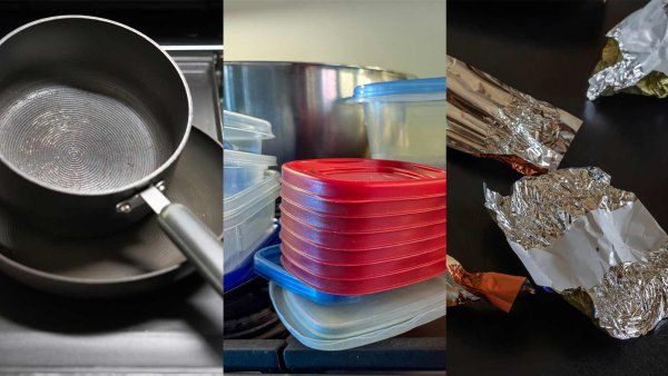 A composite images of items that contain P F A S forever chemicals, including non-stick cookware, plastic containers, and food wrappers.