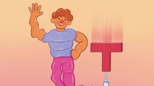 Illustration of an inflatable man with a pump shaped like a T.