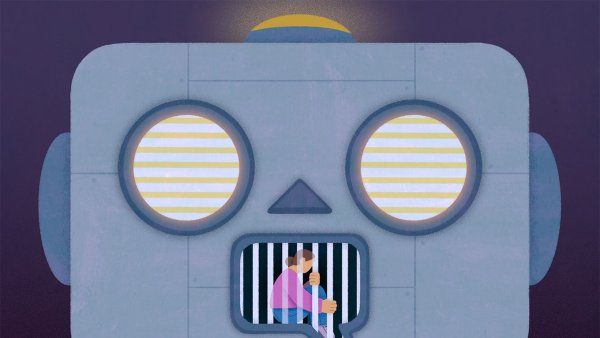 A robot with a mouth shaped like a speech bubble with cage bars and a person inside.