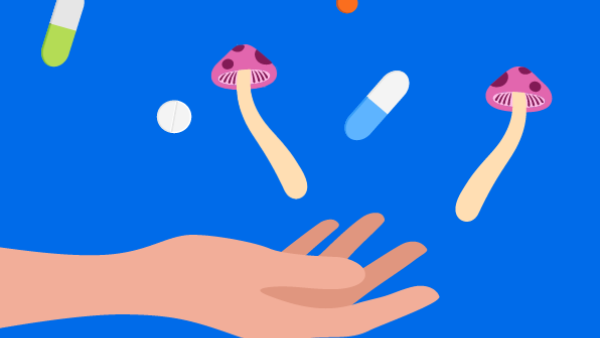 A conceptual graphic illustration showing a hand reaching out to grab mushrooms and psychedelic pills.