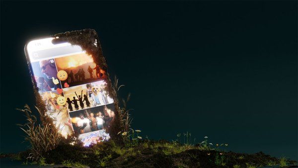 A large smartphone, partially buried in soil, is set against a dark background, with a brightly lit screen showing multiple images: people celebrating and dancing, dog memes and photos, a wildfire, and a podcaster, along with thumbs-up, heart, smiley face, and angry face emojis.