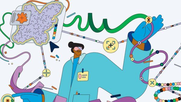 A colorful, flat illustration of a person in a blue lab coat, surrounded by shapes like amino acid chain circles, helical protein structures, and high-tech devices.