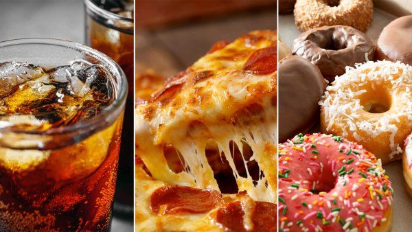 A composite image showing highly processed foods such as soda, pizza, and donuts.