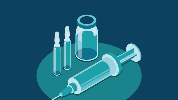 A digital illustration of a syringe, two vials of medication, and a small container.