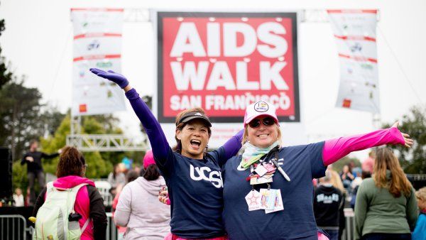 Brenda Gee, of the Office of the Executive Vice Chancellor and Provost, and Jennifer Dowd, of Campus Life Services, added some extra color to the foggy San Francisco morning at AIDS Walk 2016.