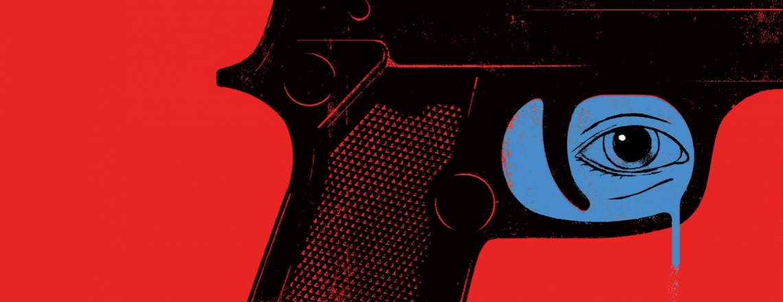 Illustration of a gun with crying eye in the trigger area