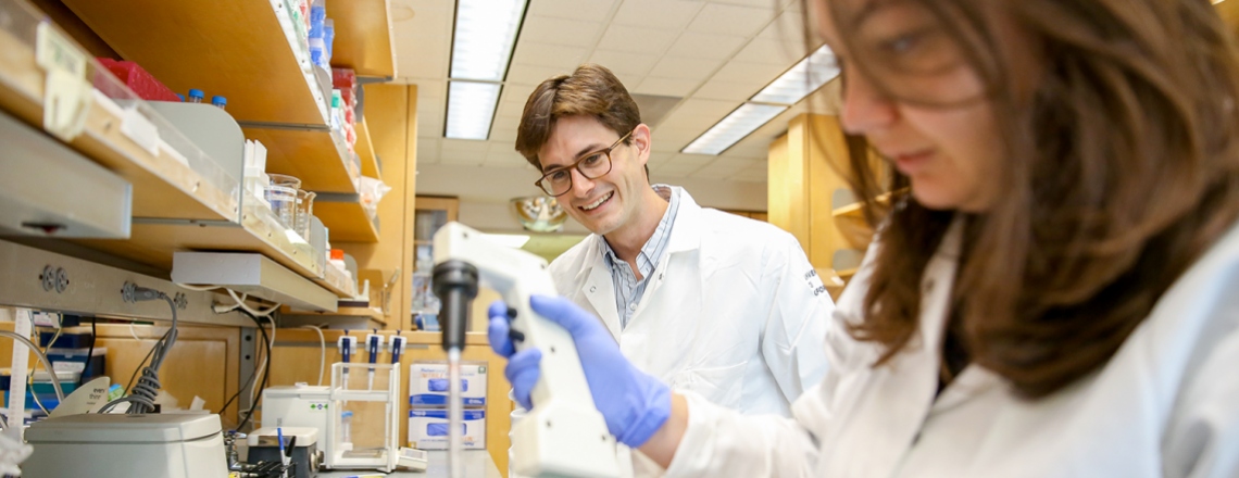 Matthew Spitzer works in his lab with Iliana Tenvvoren