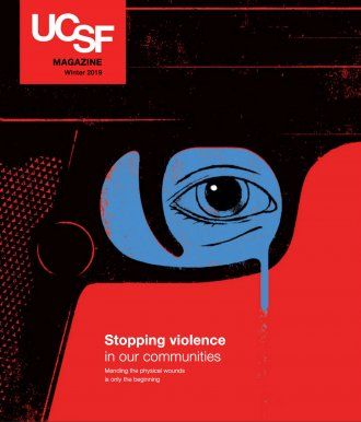 UCSF Magazine cover with graphic of gun and crying eye
