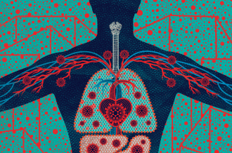 Illustration of the inside of a body, with coronavirus cells throughout.