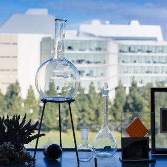 Beakers sit before a window looking out over Koret Quad